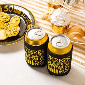 Crisky 50th Birthday Can Cooler, Black Gold Cheers to 50 Years Birthday Decoration Party Favor Can Covers, 12-Ounce Neoprene Coolers for Soda, Can Beverage, 12 Count