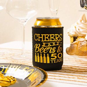Crisky 50th Birthday Can Cooler, Black Gold Cheers to 50 Years Birthday Decoration Party Favor Can Covers, 12-Ounce Neoprene Coolers for Soda, Can Beverage, 12 Count