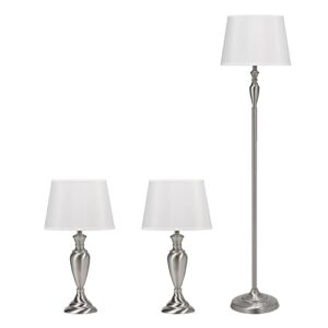 catalina 21415-000 transitional 3-piece metal floor & table lamp set with linen shades, 59" and 24", brushed nickel