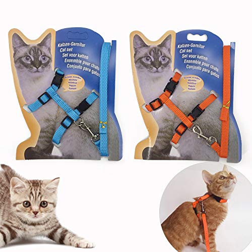 Gizhome 2 Pack Cat Harness and Leash Adjustable Halter Harness Nylon Strap Belt Safety Rope Leads for Kitten, Orange & Light Blue