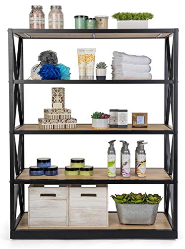 Displays2go 5-Tier Steel Frame Shelving, Solid Wood, Open Back - Natural (XSHF5NAT)