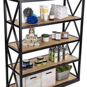 Displays2go 5-Tier Steel Frame Shelving, Solid Wood, Open Back - Natural (XSHF5NAT)