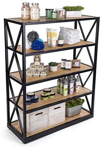 Displays2go 5-Tier Steel Frame Shelving, Solid Wood, Open Back - Natural (XSHF5NAT)