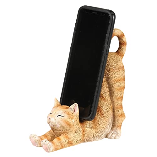 WHAT ON EARTH Cat Phone Stand - Sculpted Resin Kitty Shaped Desk Phone Holder, Cute Phone Grip, Android or iPhone Stand - 6" H - Orange Tabby