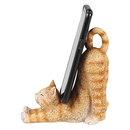 WHAT ON EARTH Cat Phone Stand - Sculpted Resin Kitty Shaped Desk Phone Holder, Cute Phone Grip, Android or iPhone Stand - 6" H - Orange Tabby