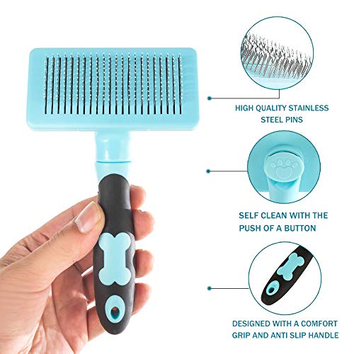 HATELI Self Cleaning Slicker Brush for Cat & Dog - Cat Grooming Brushes for Shedding Removes Mats, Tangles and Loose Hair Suitable Cat Brush for Long & Short Hair (Blue)