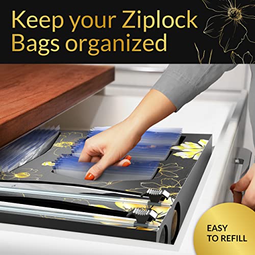 Elba Ziplock Bag Organizer Black Unique Design - 6 in 1 Bamboo Plastic Bags Drawer Organizer, Kitchen Plastic Bags Ziplock & Aluminum Foil Dispenser, Ziplock Bag Organizer Storage with Wrap Dispenser