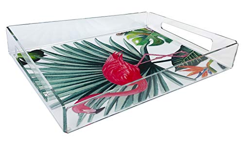 Idea Design Studio Clear Acrylic Animal Print Decorative Serving Tray (Flamingo, Large, 15.75 x 12 x 2.5 Inches)