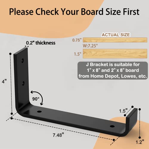LuckIn 8 Inch Wall Shelf Brackets (Fit 7.25" Board) 4-Pack, Heavy Duty Black Iron, Mantel, Kitchen, Bathroom Floating Shelf Hardware