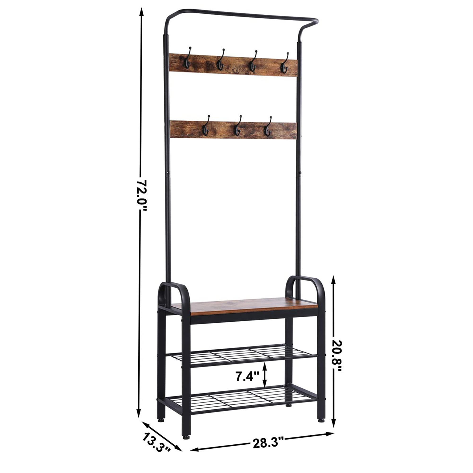 Sunnyglade Vintage Coat Rack Shoe Bench, Hall Tree Entryway Storage Shelf, Wood Look Accent Furniture Metal Frame, 3 in 1 Design, Easy Assembly