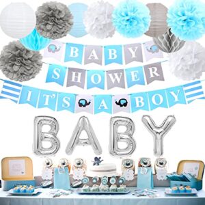 elephant baby shower decorations for boy blue and sliver, it's a boy banner paper lantern paper pom poms flower honeycomb balls for elephant themed baby shower decor