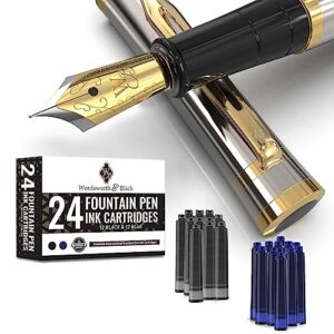 wordsworth & black fountain pen set, medium nib, includes 24 ink cartridges and ink refill converter, gift case, journaling, calligraphy, smooth writing pens [silver gold], perfect for men and women