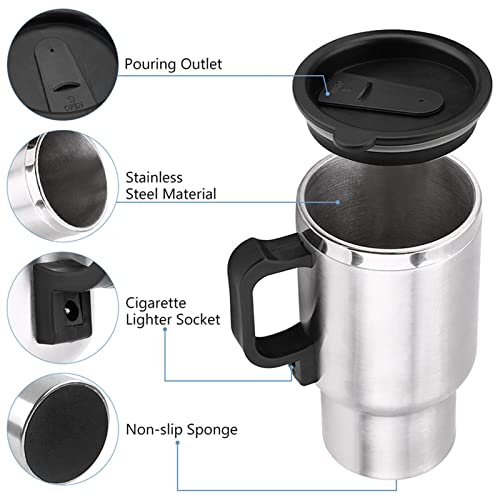 Heated Travel Mug, 12V 450ml Electric Incar Stainless Steel Travel Heating Cup Coffee Tea Car Cup Mug with Anti-Spill Lid Car Electric Kettle for Heating Water, Coffee, Milk and Tea