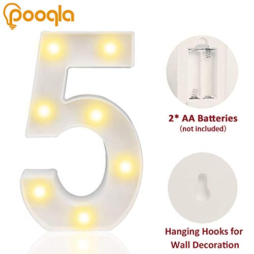 Pooqla Decorative Led Light Up Number Letters, White Plastic Marquee Number Lights Sign Party Wedding Decor Battery Operated Number (5)