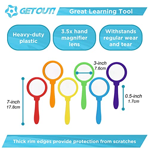 Get Out! Magnifying Glasses for Classroom - 6 Pack Shatterproof Hand Held Magnifying Glass for Students - Preschool Class Set of Lightweight Plastic Plant Leaf and Insect Magnifier Glass