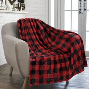pavilia buffalo plaid throw blanket for sofa couch | soft flannel fleece red black checker plaid pattern decorative throw | warm cozy lightweight microfiber | 50 x 60 inches
