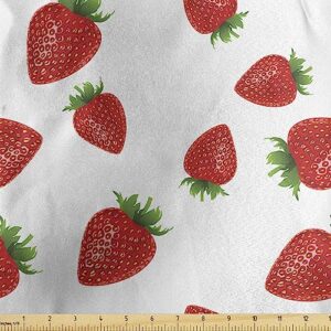 lunarable spring fabric by the yard, cartoon style strawberries on white background fresh fruit pattern image, decorative satin fabric for home textiles and crafts, 2 yards, white red