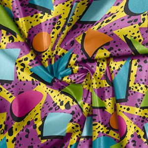 Lunarable Colorful Fabric by The Yard, Vibrant Colored Vintage Memphis Pattern in Eighties Fashion Funky Hipster Art, Decorative Satin Fabric for Home Textiles and Crafts, 1 Yards, Purple Yellow