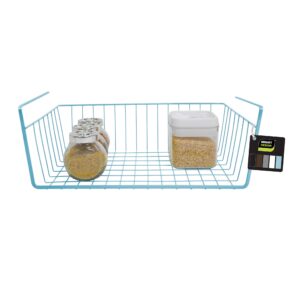 smart design undershelf storage basket - medium - snug fit arms - steel metal frame - rust resistant - cabinet, pantry, and shelf organization - 16 x 5.5 inch - light blue