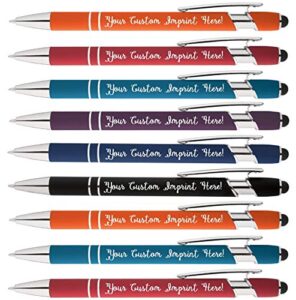 rainbow rubberized soft touch ballpoint pen with stylus tip is a stylish, premium metal pen, black ink, medium point. box of 12 - personalized with your custom text and/or logo (assorted)
