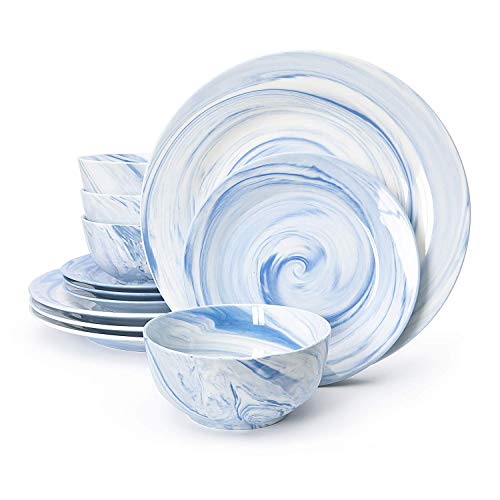 Divitis Home Fusion Porcelain Dinnerware Set 12 Piece, Blue Round Plates (Soup Bowls, Dinner Plates, Salad Plates), Porcelain Dinnerware Set, Dinnerware Set, Dinner Plates, Plates and Bowls Sets