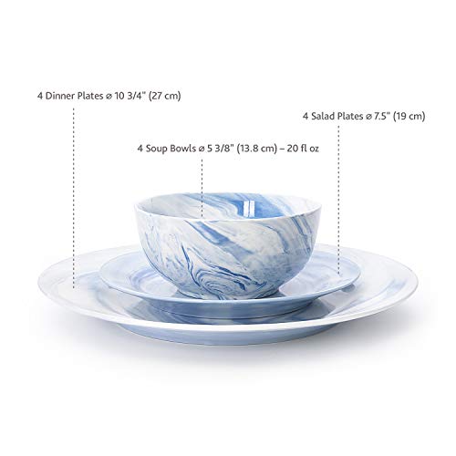 Divitis Home Fusion Porcelain Dinnerware Set 12 Piece, Blue Round Plates (Soup Bowls, Dinner Plates, Salad Plates), Porcelain Dinnerware Set, Dinnerware Set, Dinner Plates, Plates and Bowls Sets