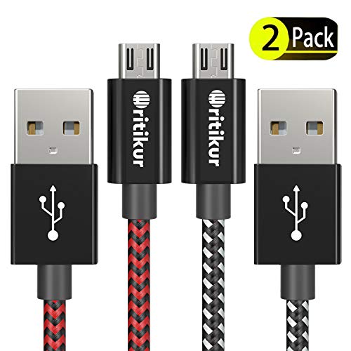 KOOWOD PS4 Controller Charger Charging Cable – 2 Pack 10FT Nylon Braided Micro USB 2.0 High Speed Data Sync Cord for Playstation 4, PS4 Slim/Pro, Xbox One S/X Controller, Android Phones (2 Pack)