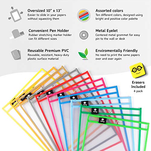 Dry Erase Pockets Reusable Sleeves - 30 Pack, Heavy Duty Oversized 10x14" Clear Plastic Sheet Paper Protectors, 10 Assorted Colors, Teacher Supplies for Classroom, School & Homeschool Organization