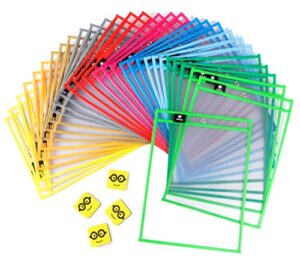 dry erase pockets reusable sleeves - 30 pack, heavy duty oversized 10x14" clear plastic sheet paper protectors, 10 assorted colors, teacher supplies for classroom, school & homeschool organization