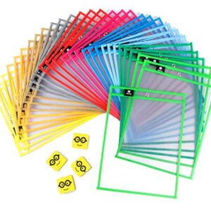 Dry Erase Pockets Reusable Sleeves - 30 Pack, Heavy Duty Oversized 10x14" Clear Plastic Sheet Paper Protectors, 10 Assorted Colors, Teacher Supplies for Classroom, School & Homeschool Organization