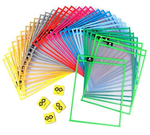 Dry Erase Pockets Reusable Sleeves - 30 Pack, Heavy Duty Oversized 10x14" Clear Plastic Sheet Paper Protectors, 10 Assorted Colors, Teacher Supplies for Classroom, School & Homeschool Organization