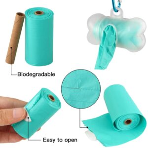 POQOD Dog Poop Bags - Leak-Proof Dog Waste Bags, Clean up Pet Poo Bag Refills 9 Rolls /135 Count, (Greenish-Blue) Includes Free Bone Dispenser and D-Ring Carabiners Clip