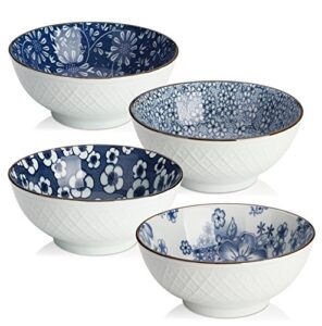 y yhy ceramic bowls, 16 oz japanese rice bowl, porcelain cereal bowls for kitchen - nice choice of thanksgiving & christmas gifts, blue bowl set of 4, microwave and dishwasher safe