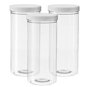 80 ounce tall clear empty plastic jars with screw-on lids & labels - pack of 3 large 2.5 quart 10 cup capacity plastic cylinder containers - food grade bpa free airtight leak proof canisters