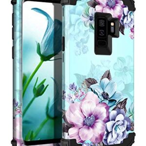 Casetego Compatible with Galaxy S9 Plus Case,Floral Three Layer Heavy Duty Hybrid Sturdy Shockproof Full Body Protective Case for Samsung Galaxy S9 Plus,Blue Flower