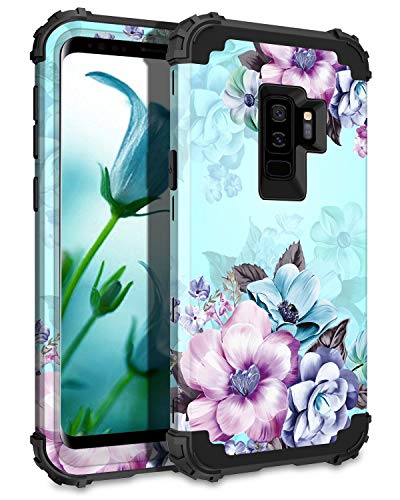 Casetego Compatible with Galaxy S9 Plus Case,Floral Three Layer Heavy Duty Hybrid Sturdy Shockproof Full Body Protective Case for Samsung Galaxy S9 Plus,Blue Flower