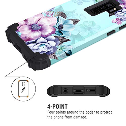 Casetego Compatible with Galaxy S9 Plus Case,Floral Three Layer Heavy Duty Hybrid Sturdy Shockproof Full Body Protective Case for Samsung Galaxy S9 Plus,Blue Flower