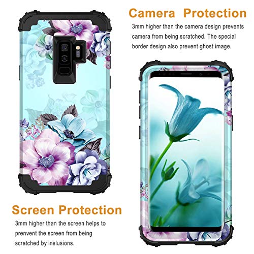 Casetego Compatible with Galaxy S9 Plus Case,Floral Three Layer Heavy Duty Hybrid Sturdy Shockproof Full Body Protective Case for Samsung Galaxy S9 Plus,Blue Flower