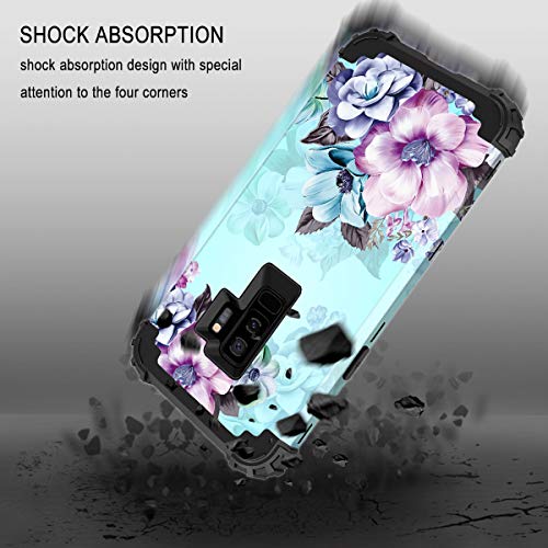 Casetego Compatible with Galaxy S9 Plus Case,Floral Three Layer Heavy Duty Hybrid Sturdy Shockproof Full Body Protective Case for Samsung Galaxy S9 Plus,Blue Flower