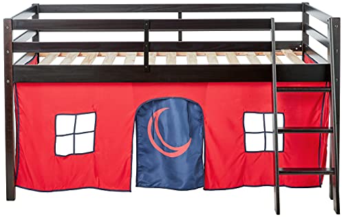 Alaterre Furniture Roxy Pine Twin Junior Loft Bed, Espresso with Red & Blue Tent