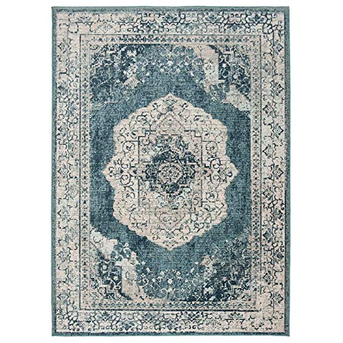 SAFAVIEH Crystal Collection Area Rug - 8' x 10', Beige & Dark Teal, Boho Chic Medallion Distressed Design, Non-Shedding & Easy Care, Ideal for High Traffic Areas in Living Room, Bedroom (CRS519B)