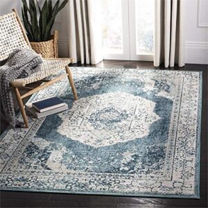 SAFAVIEH Crystal Collection Area Rug - 8' x 10', Beige & Dark Teal, Boho Chic Medallion Distressed Design, Non-Shedding & Easy Care, Ideal for High Traffic Areas in Living Room, Bedroom (CRS519B)