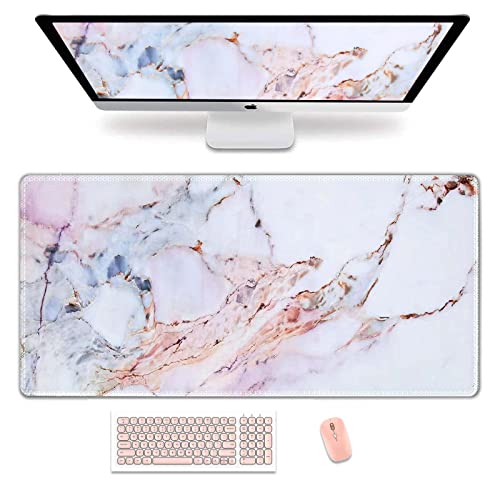 Anyshock Desk Mat, Gaming Mouse Pad Large 35.4" x 15.7" XXL Keyboard Laptop Mousepad with Stitched Edges Non Slip Base, Water-Resistant Computer Pink Desk Pad for Office and Home (Colored Marble)