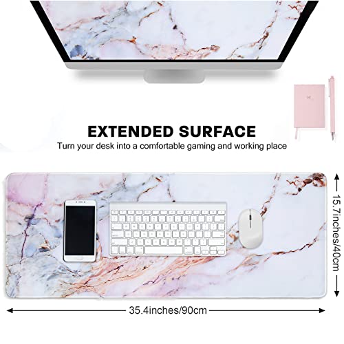 Anyshock Desk Mat, Gaming Mouse Pad Large 35.4" x 15.7" XXL Keyboard Laptop Mousepad with Stitched Edges Non Slip Base, Water-Resistant Computer Pink Desk Pad for Office and Home (Colored Marble)