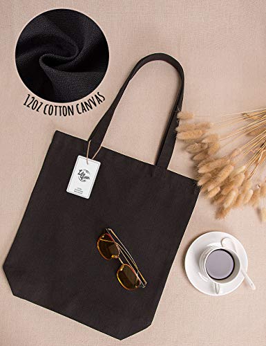 Lily queen Natural Canvas Tote Bags DIY Reusable Shopping Grocery Bag (Black - 6 Pack)