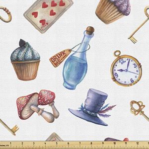 lunarable alice in wonderland fabric by the yard, cupcakes mushrooms and bottles hanging in sky dessert print, decorative fabric for upholstery and home accents, 1 yard, multicolor