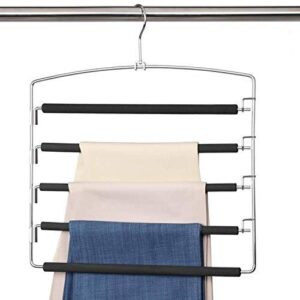 meetu pants hangers 5 layers stainless steel non-slip foam padded swing arm space saving clothes slack hangers closet storage organizer for pants jeans trousers skirts scarf ties towels (2 pack)