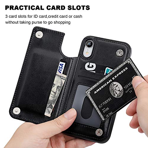 OT ONETOP iPhone XR Wallet Case with Card Holder, Premium PU Leather Kickstand Card Slots Case,Double Magnetic Clasp and Durable Shockproof Cover for iPhone XR 6.1 Inch(Black)