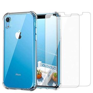 iphone xr clear case & screen protector | 2 in 1 bundle package | 2 tempered glass screen protectors | crystal clear transparent soft case | shockproof bumpers | slim fit | compatible with iphone xr