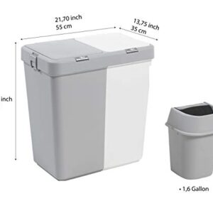 Mabel Home Plastic Laundry Hamper with Lid, 2 sections, Large Laundry Basket – Extra Trash Bin (1,6 Gallons) inc. & 3 Colour (White-Grey)